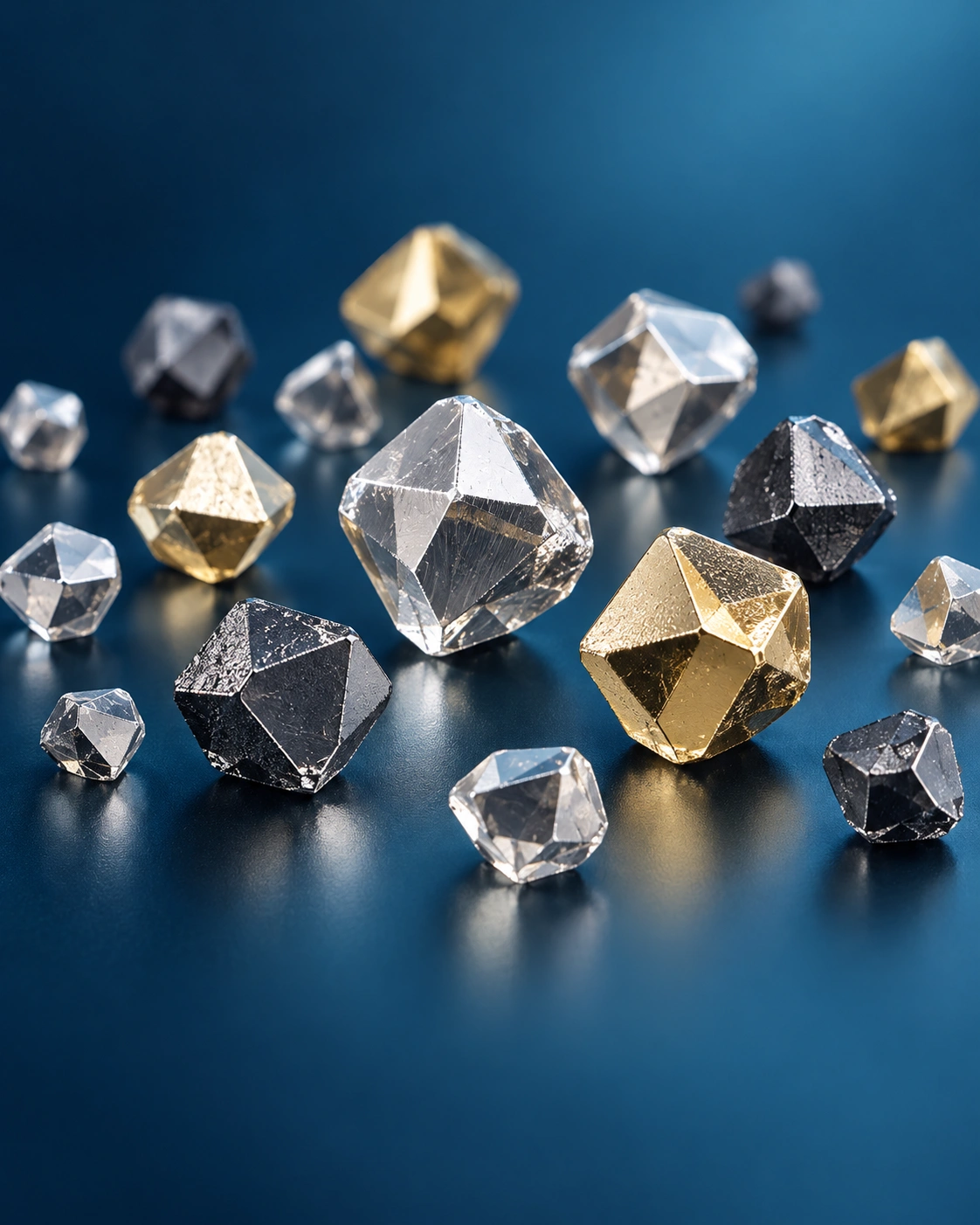 Illustrative macro photograph of metallic-coated and surface-treated synthetic diamond crystals